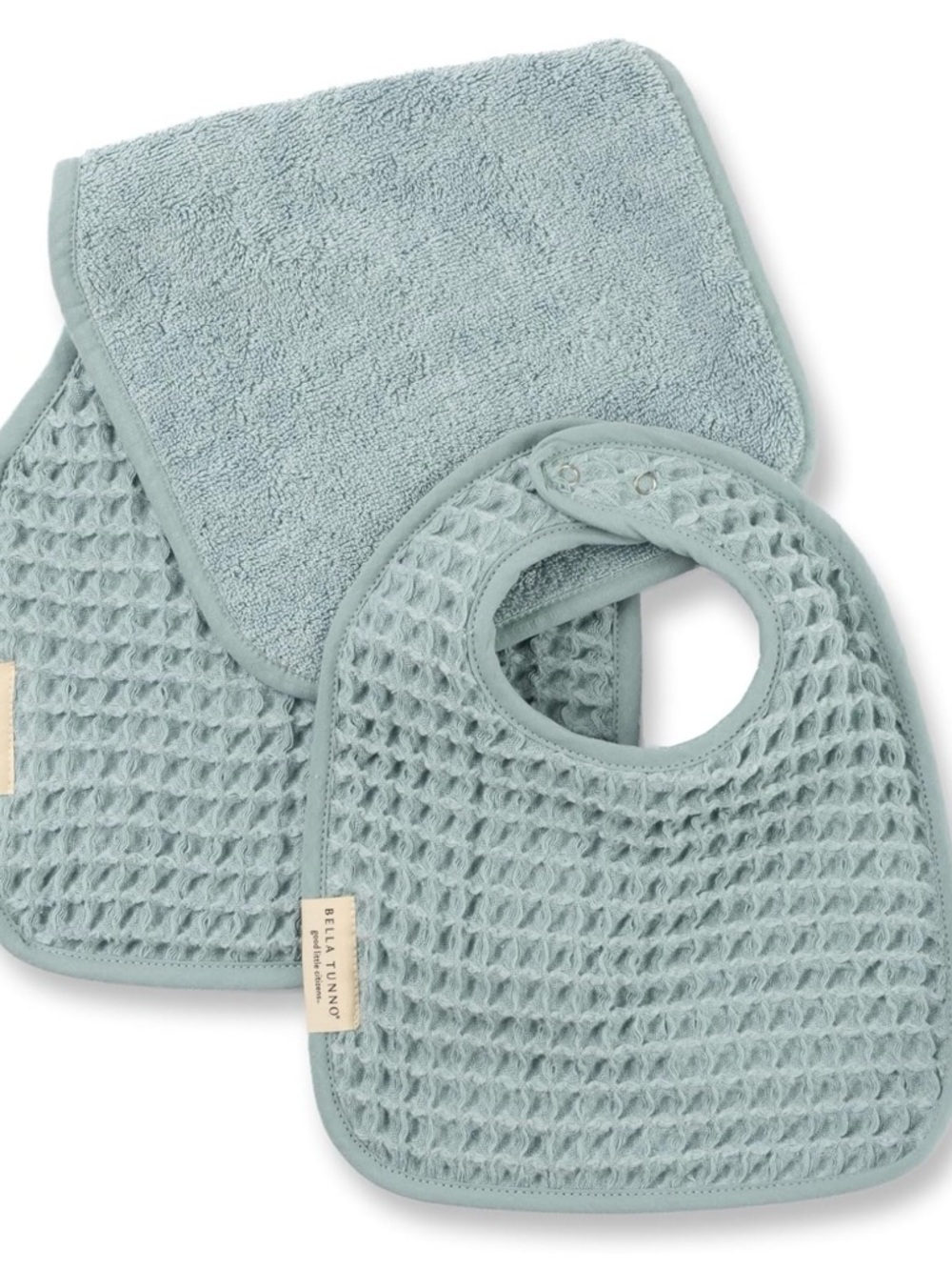 NWT Bella Tunno Reversible Bib and Newborn Large Burp Cloth Set- Color Fog